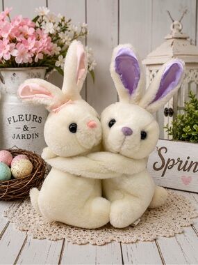 Ebee Services Inc Twin Bunny Plush White Hugging Rabbits Pink Purple Ears 10”